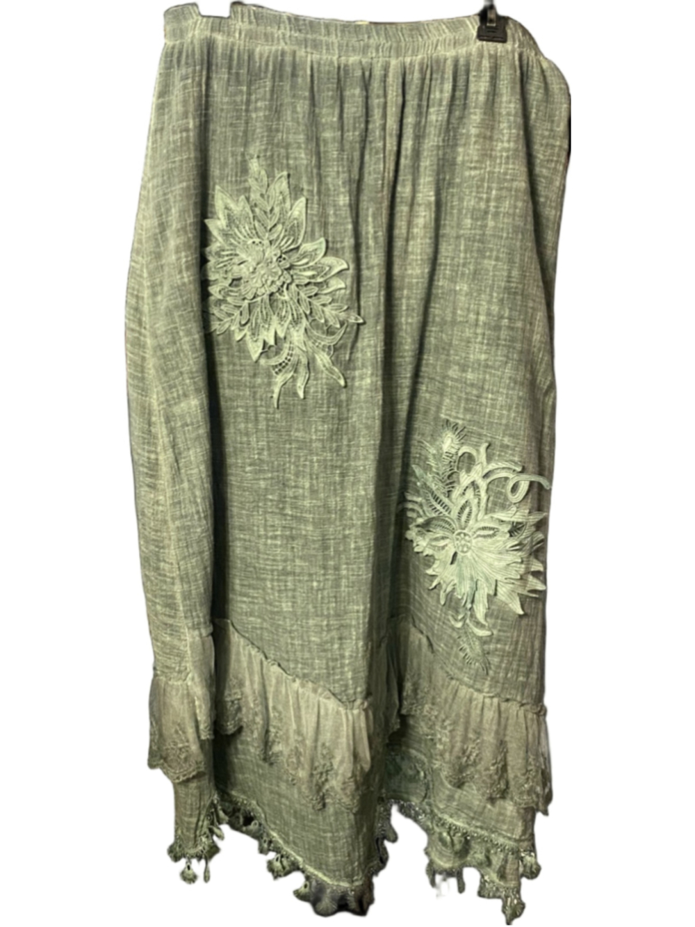 Pretty Angel Sage Green Boho Skirt L Crochet Lace Applique Fairycore Cottagecore